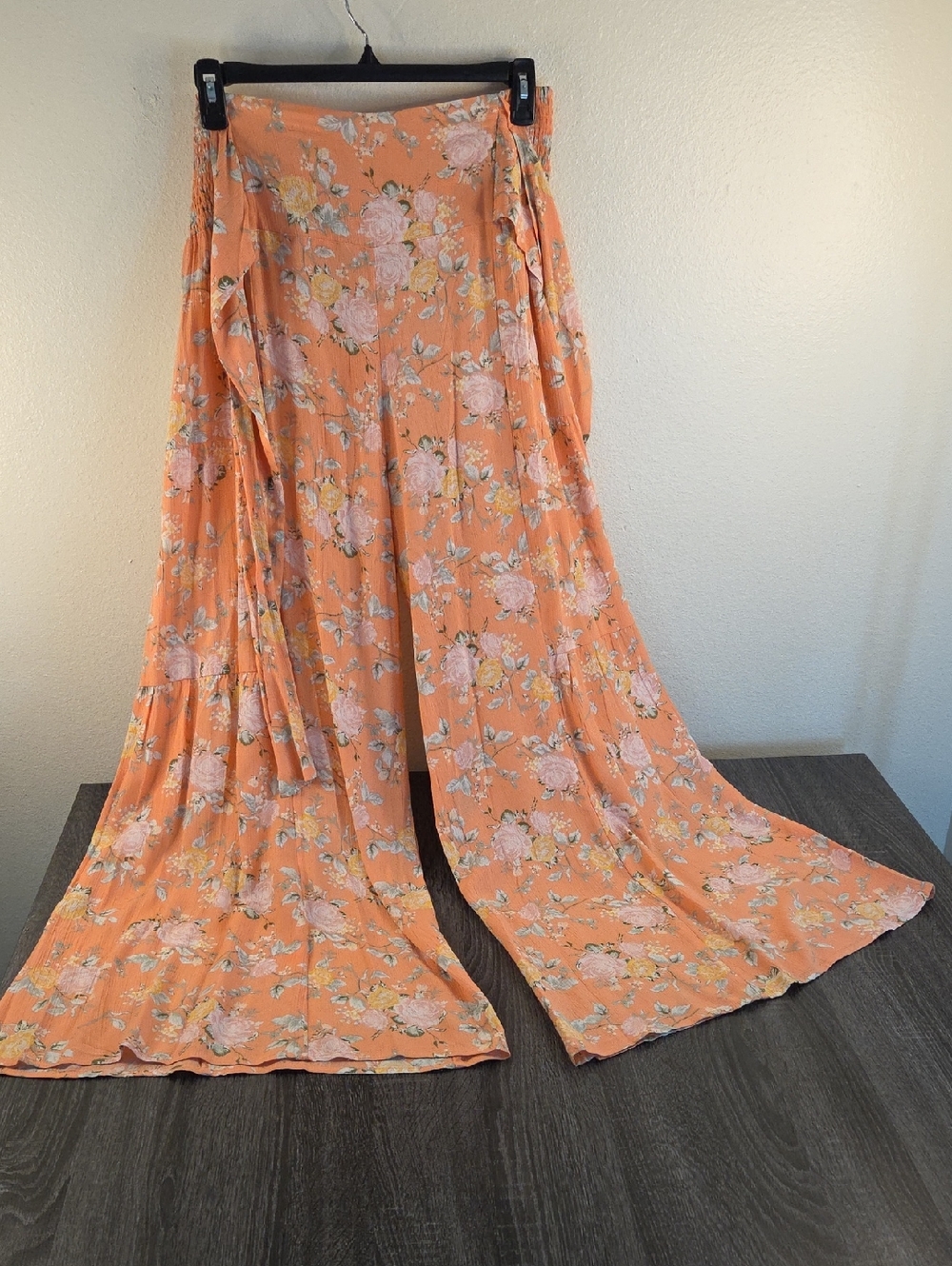 Rock&Indigo Coral Yellow Large Floral LOTUS WIDE LEG PANTS WOMAN LARGE RAYON NWT